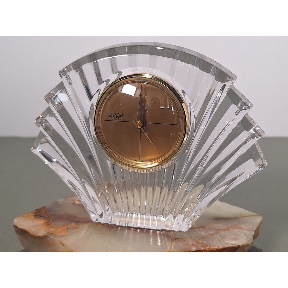 Mikasa Deco Crystal Clock Germany 7" Art Glass Fan Quartz Desk Clock- Excellent!